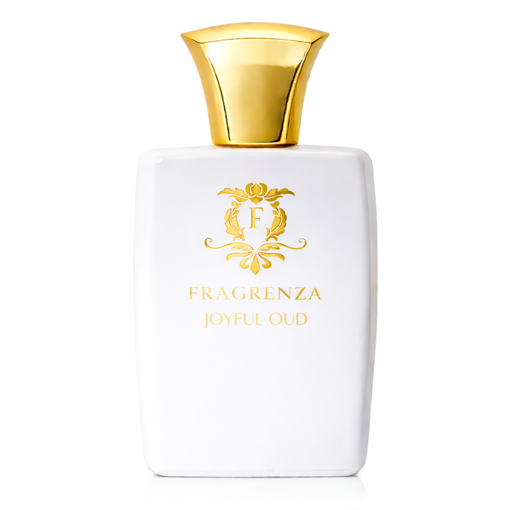 White perfume bottle with gold cap and 'Fragrenza Joyful Oud'text on a white background