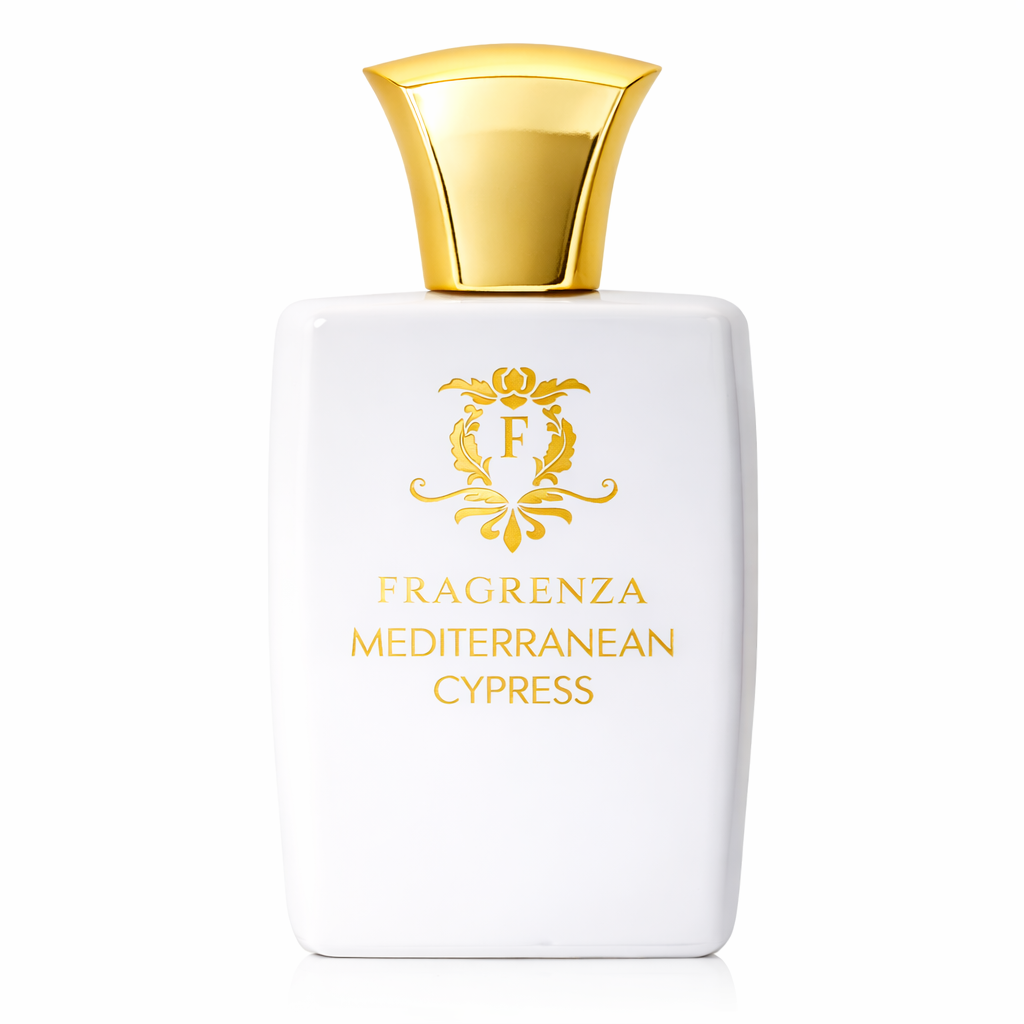 Mediterranean Cypress White perfume bottle with gold cap and 'Fragrenza'logo on a white background