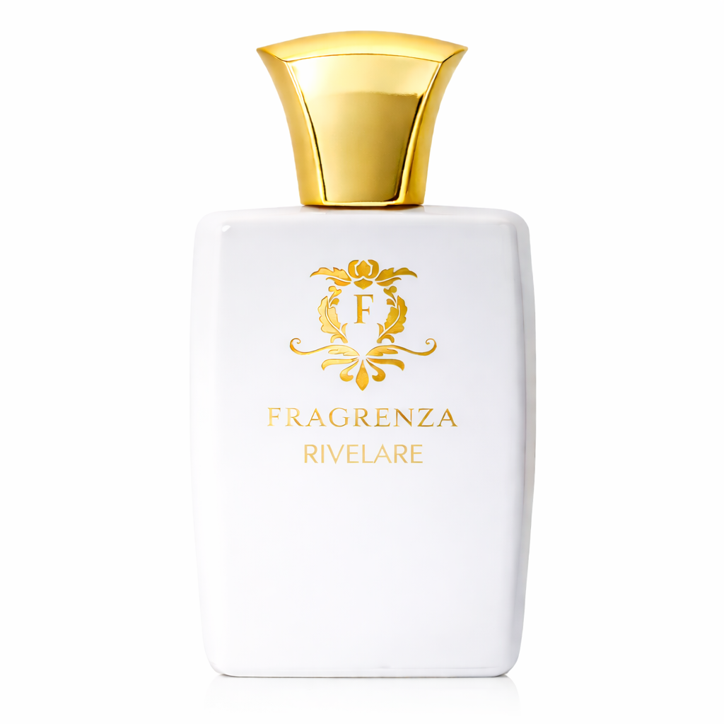 Perfume bottle with gold cap and 'Fragrenza Rivelare'text on a white background