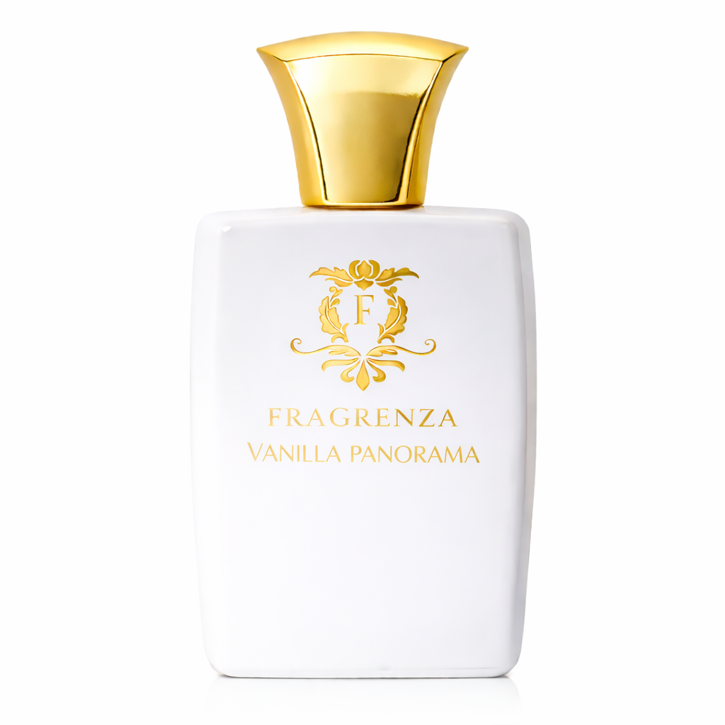 Fragrenza Vanilla Panorama perfume bottle with gold cap on a white background