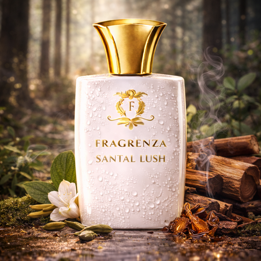 Santal Lush fragrance bottle in a forest setting — Fragrenza guide to sandalwood in modern perfumery