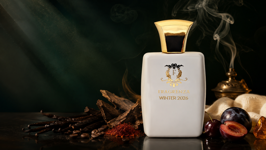 Winter 2026 perfume trends — heavy gourmand, traditional oud, smoky woods, and dark fruit defining the season's deep, slow, evolving wear