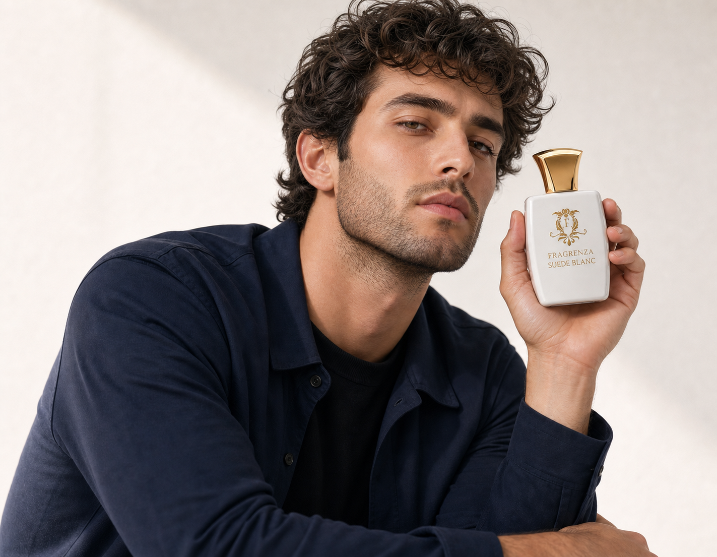 A man holding Fragrenza Suede Blanc, from our men’s fragrance collection