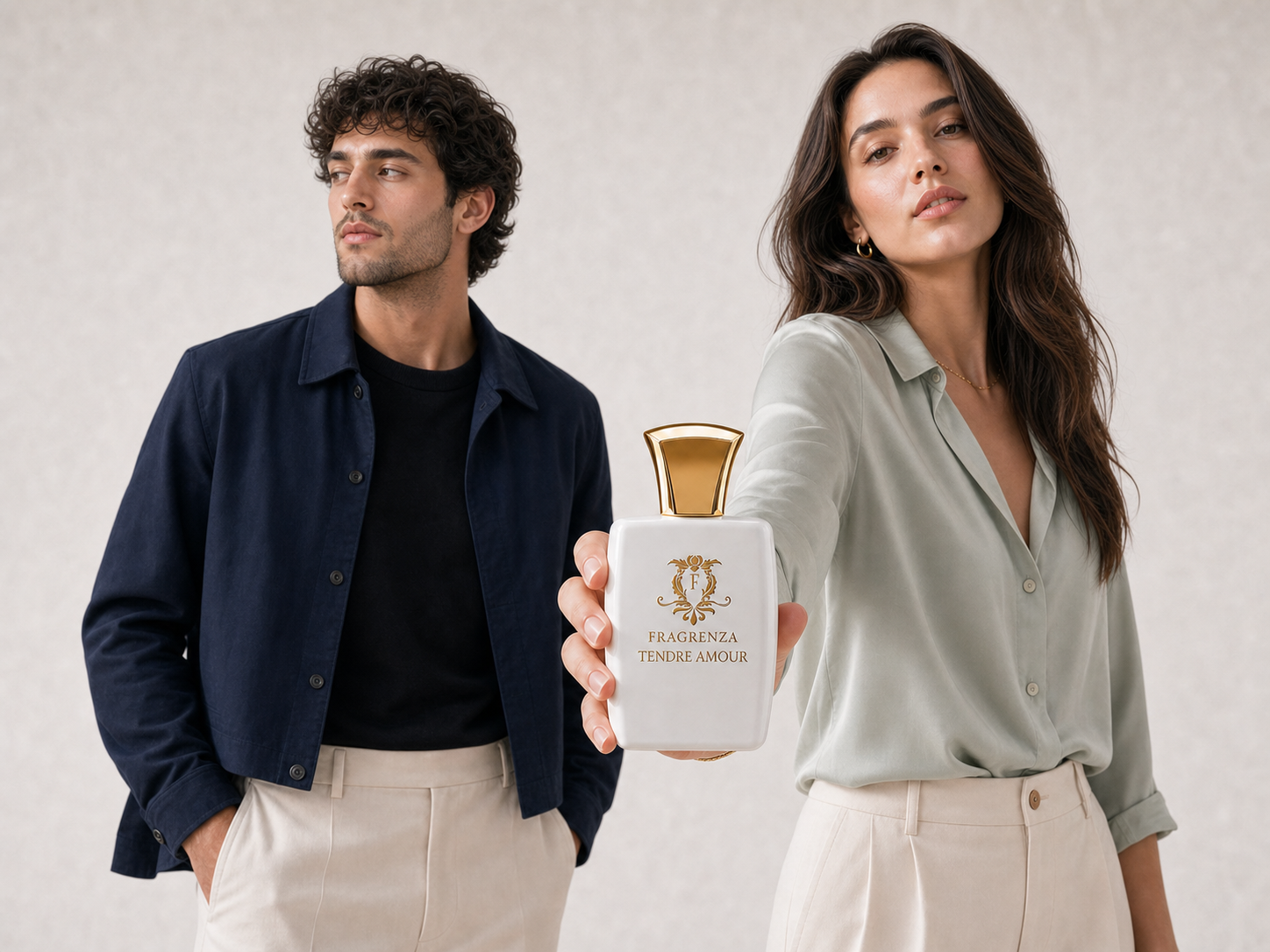 A man and woman sharing Fragrenza Tendre Amour, our unisex eau de parfum