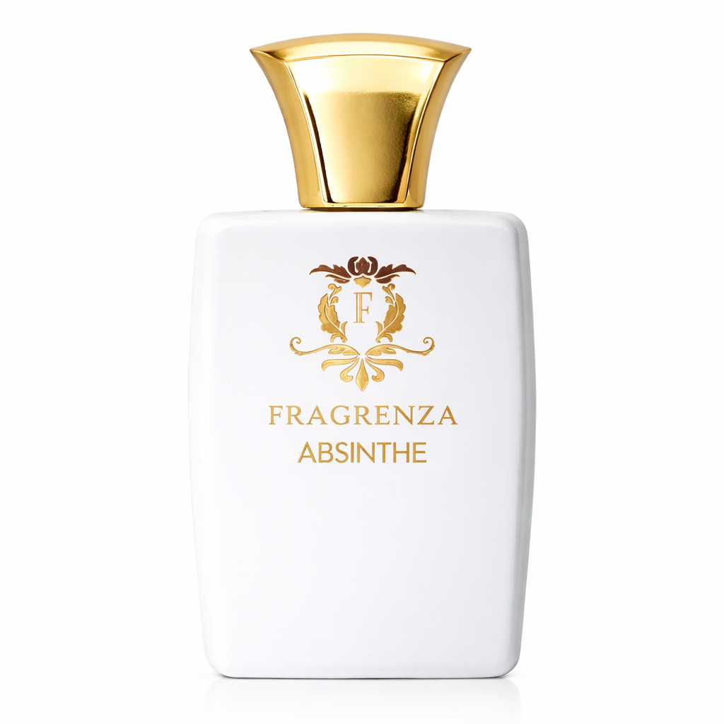 Fragrenza Absinthe perfume bottle with gold cap and logo on a white background