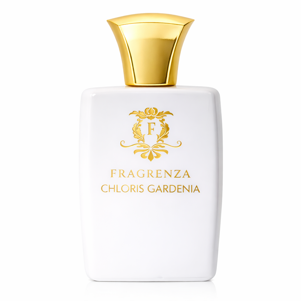 Chloris Gardenia Perfume bottle with gold cap and logo on a white background