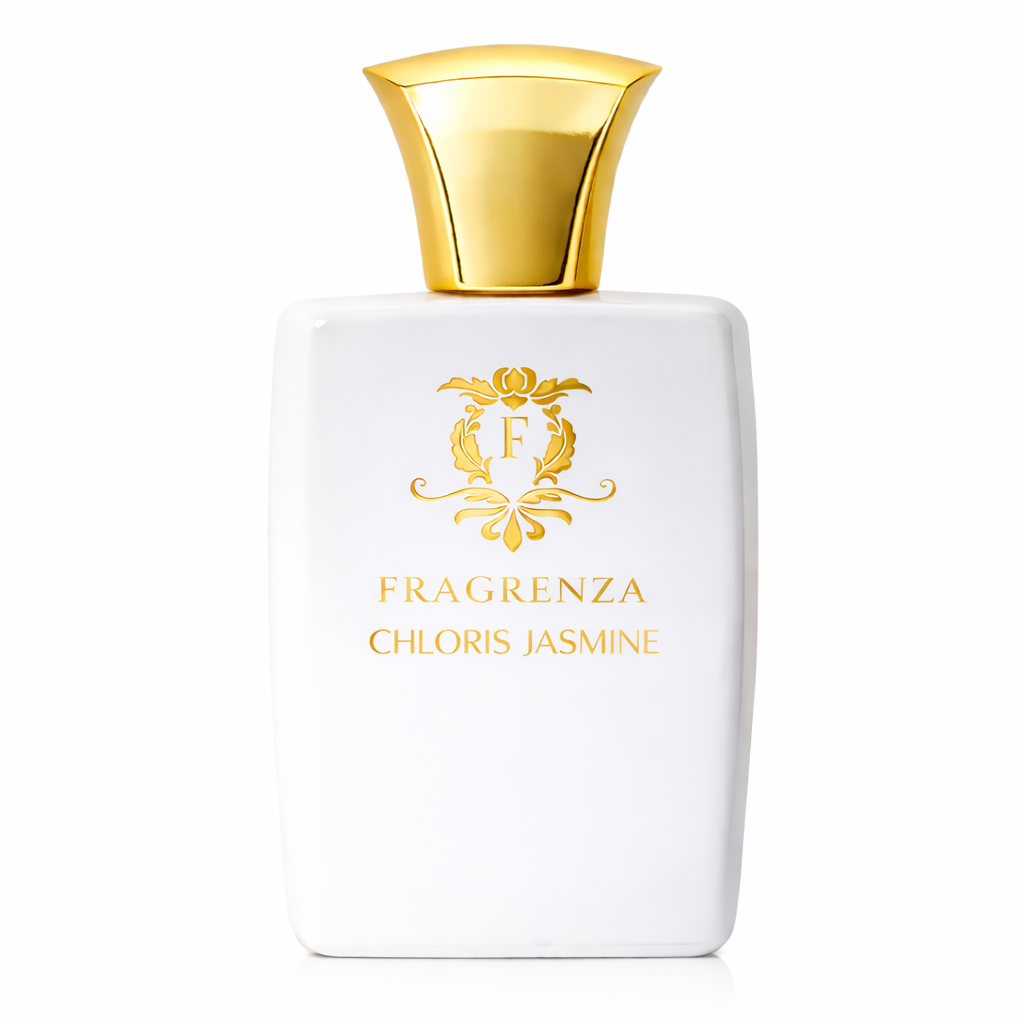 Perfume bottle with gold cap and 'Fragrenza Chloris Jasmine'text on a white background