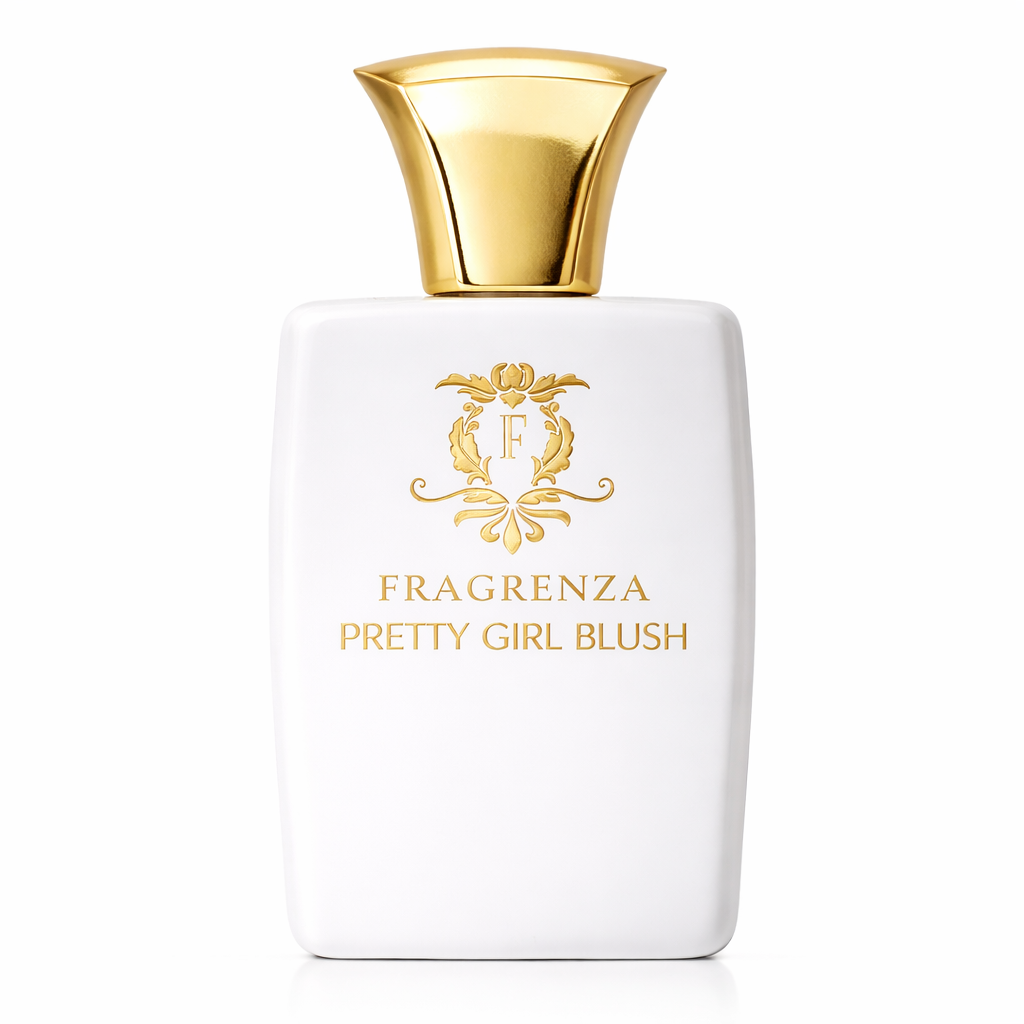Fragrenza Pretty Girl Blush perfume bottle with gold cap on a white background