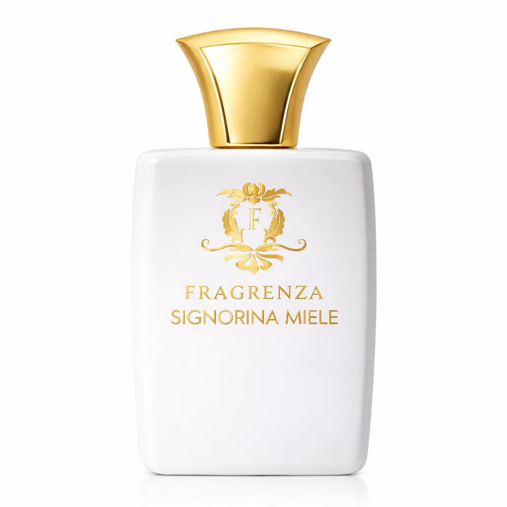 Fragrenza Signorina Miele perfume bottle with gold cap and logo on a white background