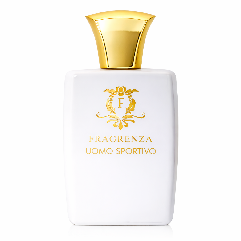 Uomo Sportivo White perfume bottle with gold cap and 'Fragrenza'logo on a white background