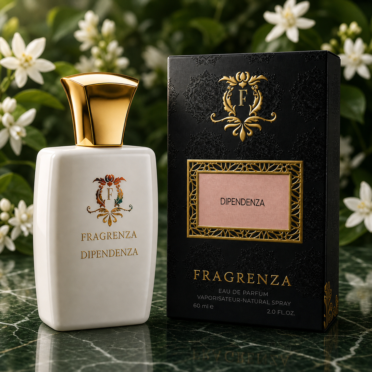 Dipendenza by Fragrenza — boxed bottle, inspired by Dior Addict. Vegan and cruelty-free.
