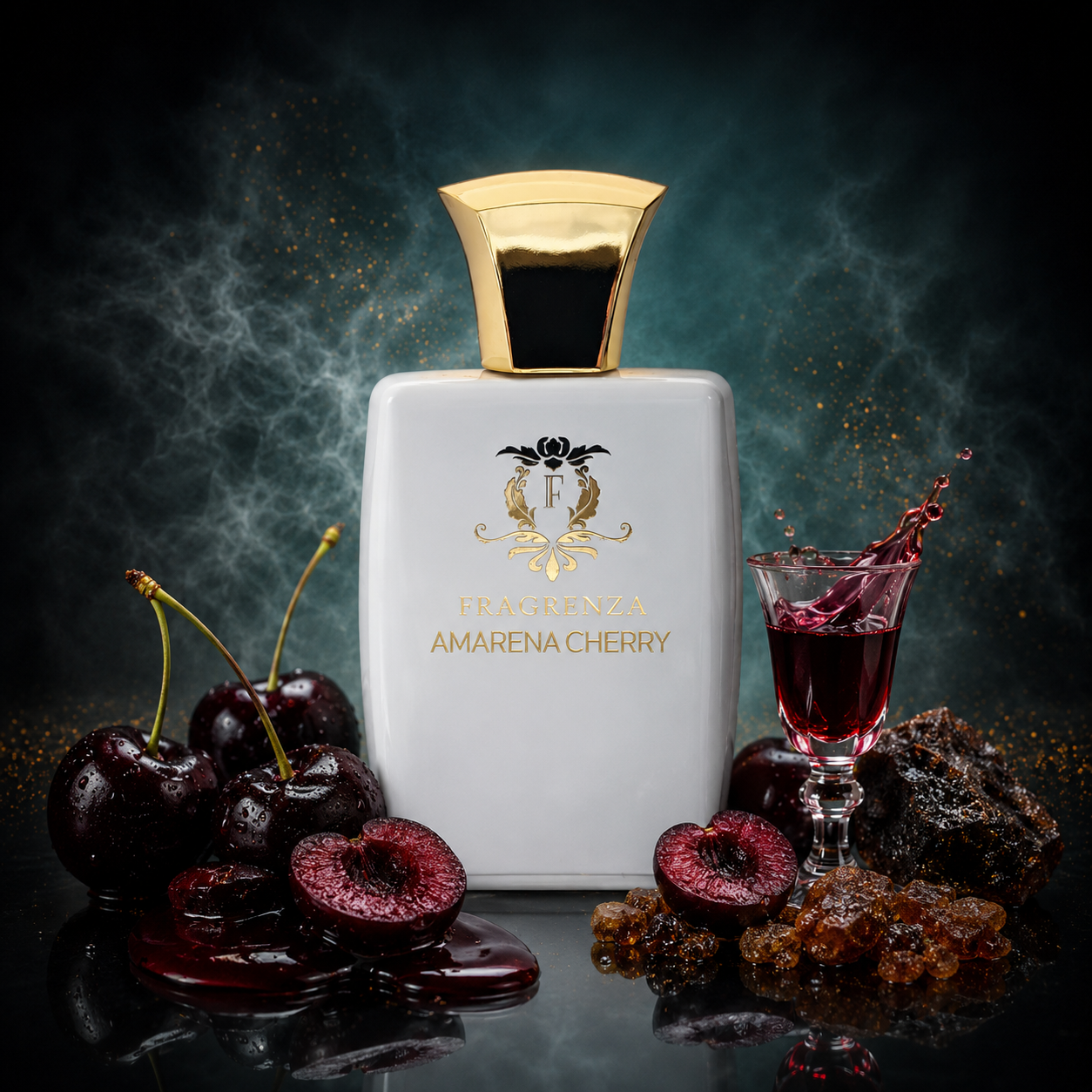 Amarena Cherry by Fragrenza — niche unisex eau de parfum inspired by Tom Ford Lost Cherry, with black cherry, cherry liqueur, almond, griotte syrup, Turkish rose, jasmine sambac, Peru balsam, tonka bean, sandalwood, vetiver and cedar. Vegan and cruelty-free.