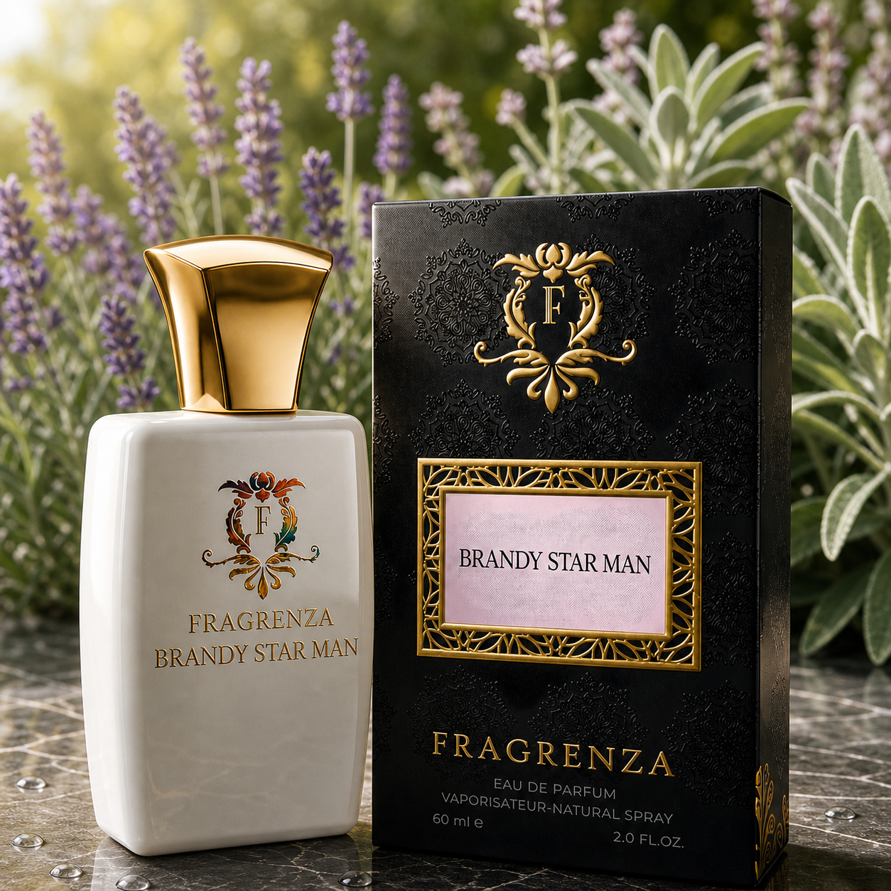 Brandy Star Man by Fragrenza — boxed bottle, inspired by Amouage Sunshine Man. Vegan and cruelty-free.