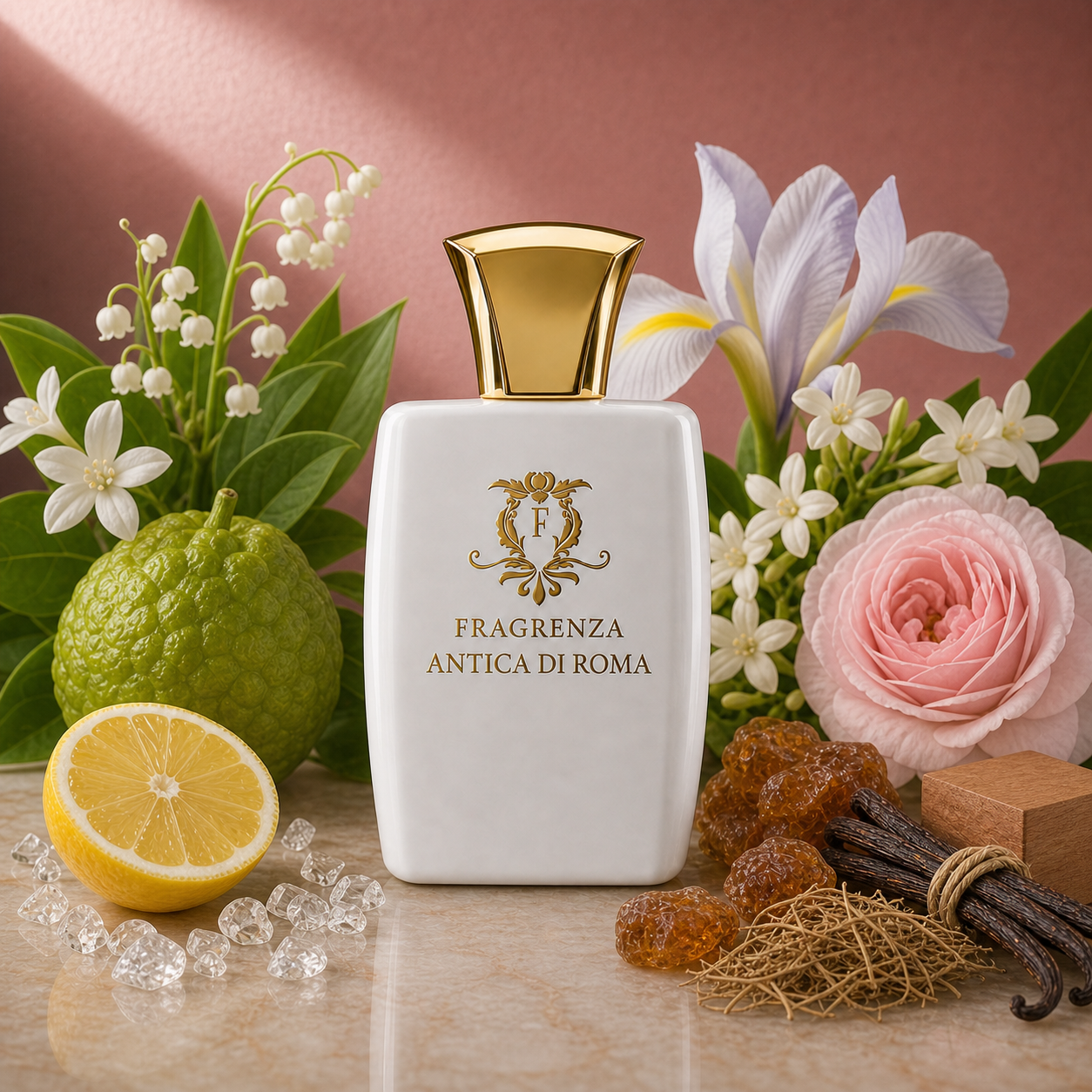 Antica di Roma by Fragrenza — niche women's eau de parfum inspired by Chanel N°5, with aldehydes, bergamot, neroli, lemon, iris, jasmine, lily-of-the-valley, rose, amber, sandalwood, vanilla and vetiver. Vegan and cruelty-free.
