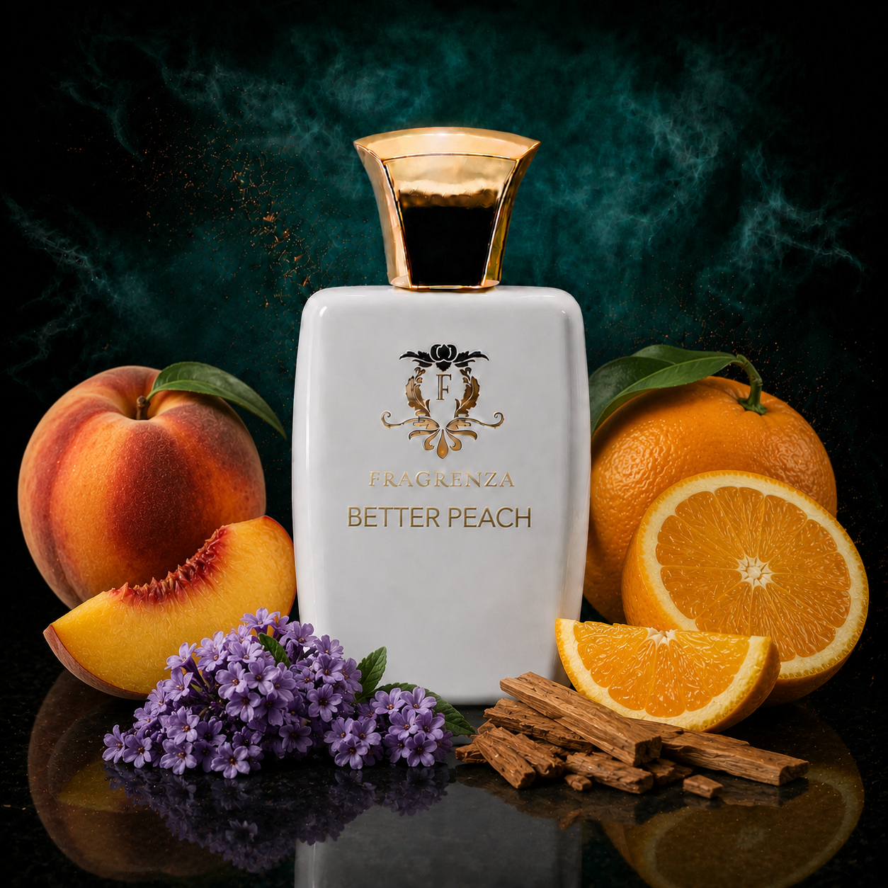 Better Peach by Fragrenza — niche unisex eau de parfum inspired by Tom Ford Bitter Peach, with wild peach, orange, cardamom, heliotrope, davana, rum, cognac, jasmine, sandalwood, benzoin, cashmeran, vanilla, tonka bean, labdanum, styrax and patchouli. Vegan and cruelty-free.