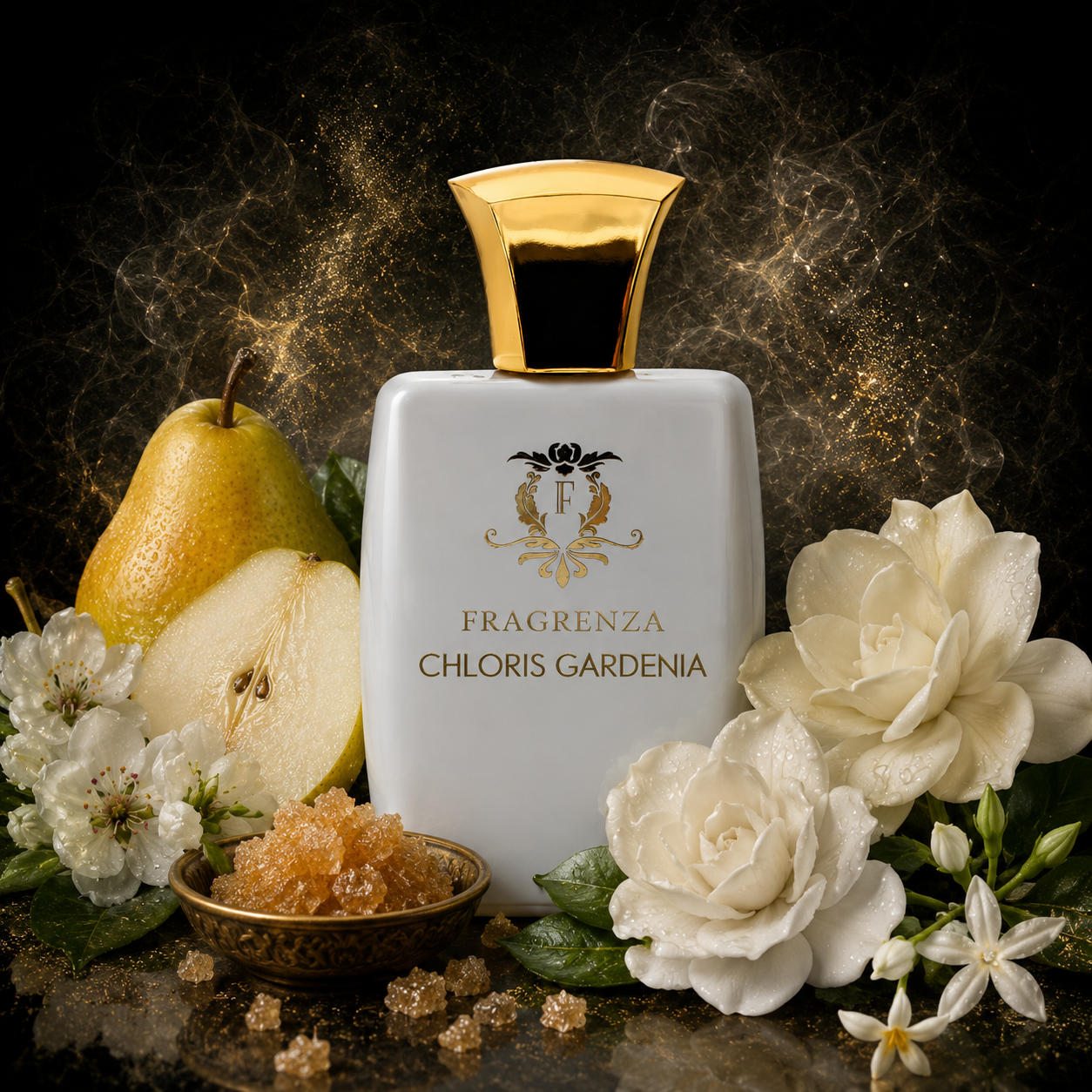 Chloris Gardenia by Fragrenza — niche women's eau de parfum inspired by Gucci Flora Gorgeous Gardenia, with pear blossom, gardenia, jasmine, brown sugar and patchouli. Vegan and cruelty-free.