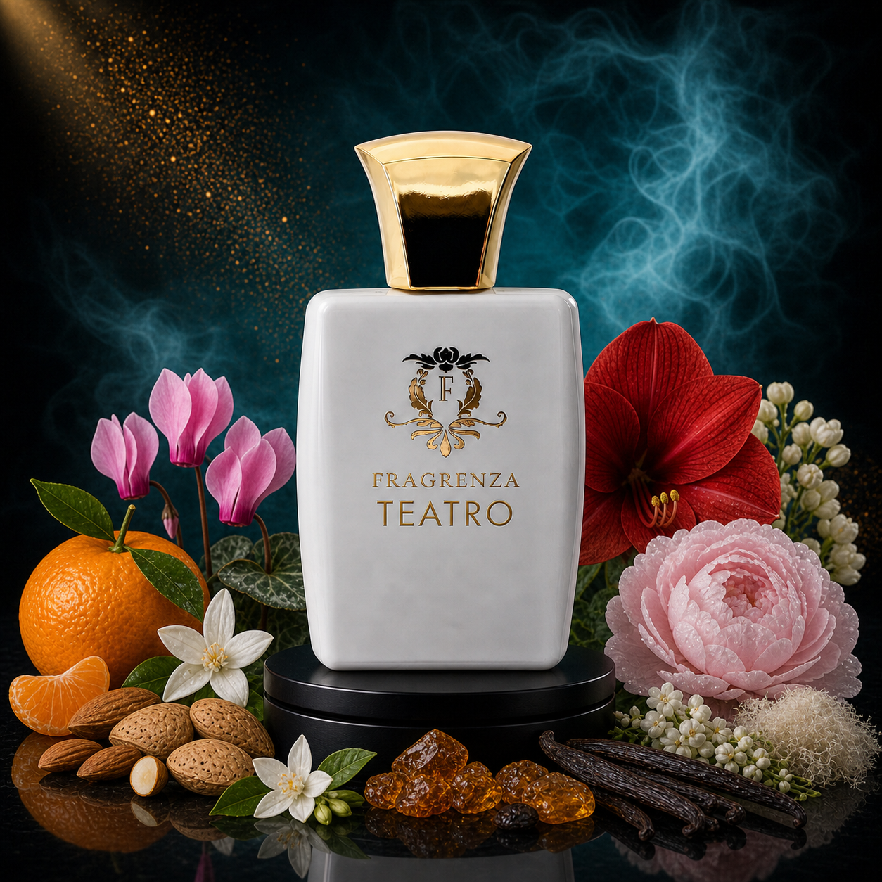 Teatro by Fragrenza — niche women's eau de parfum inspired by YSL Cinéma, with Clementine, Almond, Cyclamen, Amaryllis, Jasmine Sambac, Peony, Amber, Vanilla, White Musk. Vegan and cruelty-free.