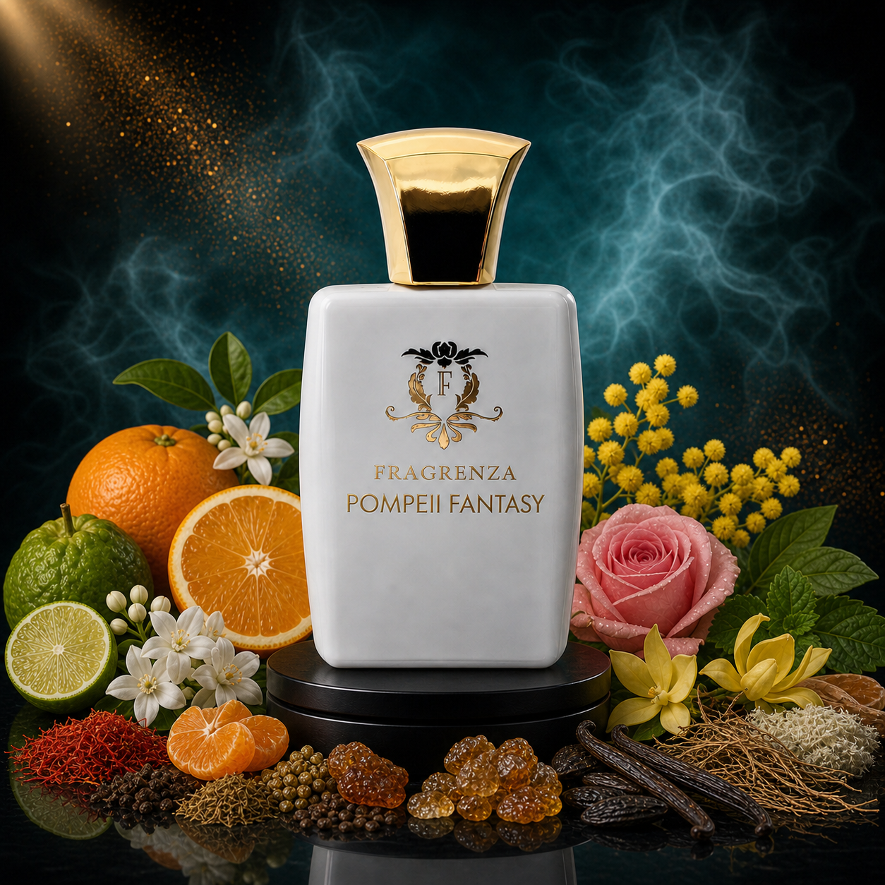 Pompeii Fantasy by Fragrenza — niche women's eau de parfum inspired by Chanel Coco Mademoiselle, with Bergamot, Mandarin, Orange, Orange Blossom, Jasmine, Mimosa, Rose, Ylang-Ylang, Opoponax, Patchouli, Tonka Bean, Vanilla, Vetiver, White Musk. Vegan and cruelty-free.