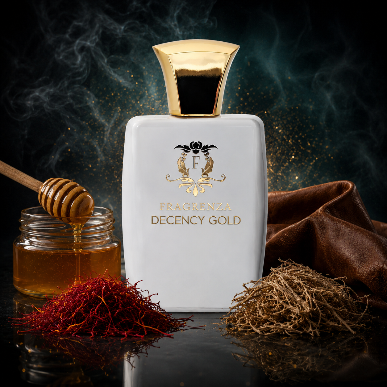 Decency Gold by Fragrenza — niche women's eau de parfum inspired by Jean Paul Gaultier Scandal Gold, with saffron, honey, cardamom, nagarmotha, rose, jasmine sambac, leather, sandalwood and patchouli. Vegan and cruelty-free.