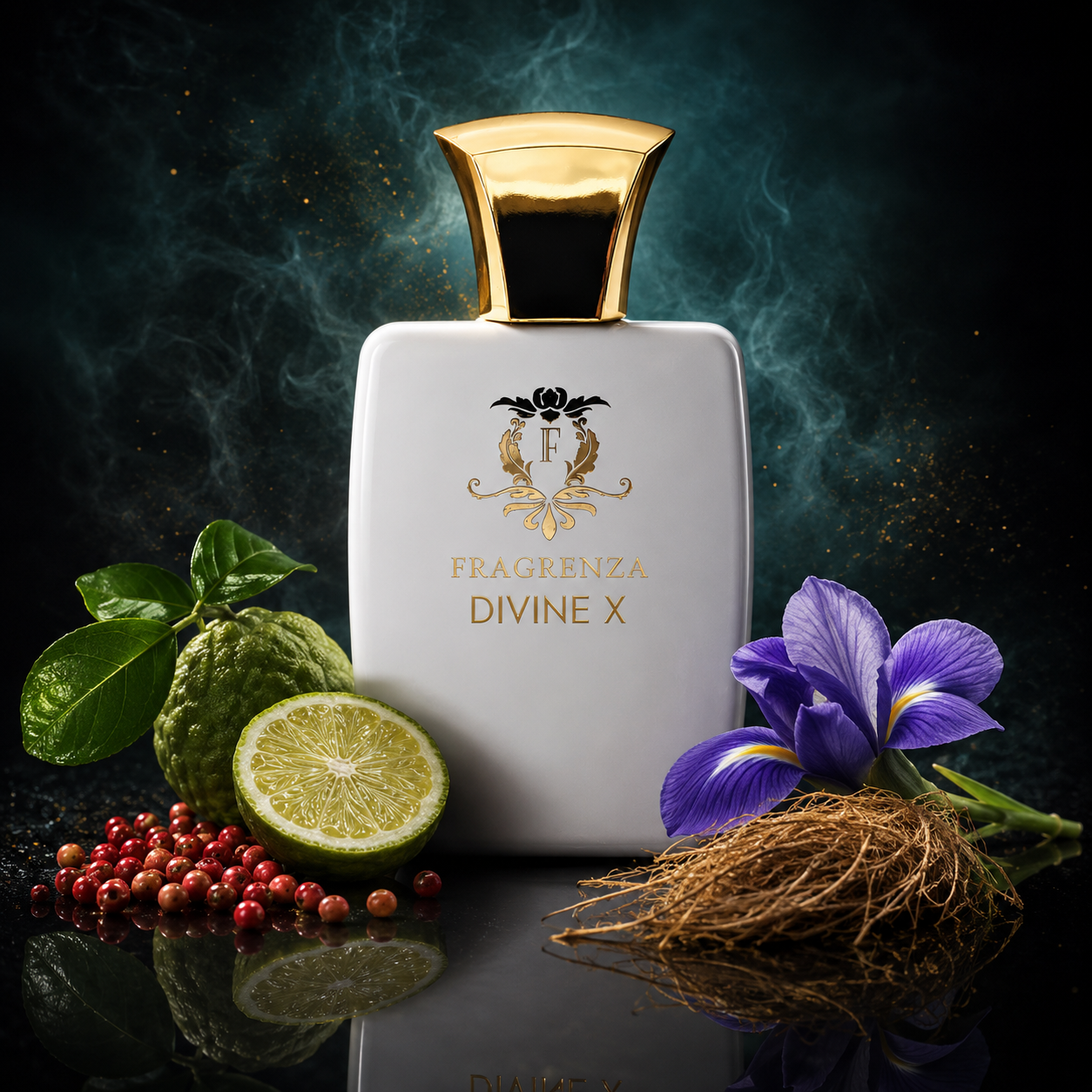 Divine X by Fragrenza — niche men's eau de parfum inspired by Clive Christian X for Men, with pink pepper, bergamot, cardamom, ginger, iris, violet, cinnamon, vetiver, oakmoss, ambergris, styrax, labdanum, cedarwood and vanilla. Vegan and cruelty-free.