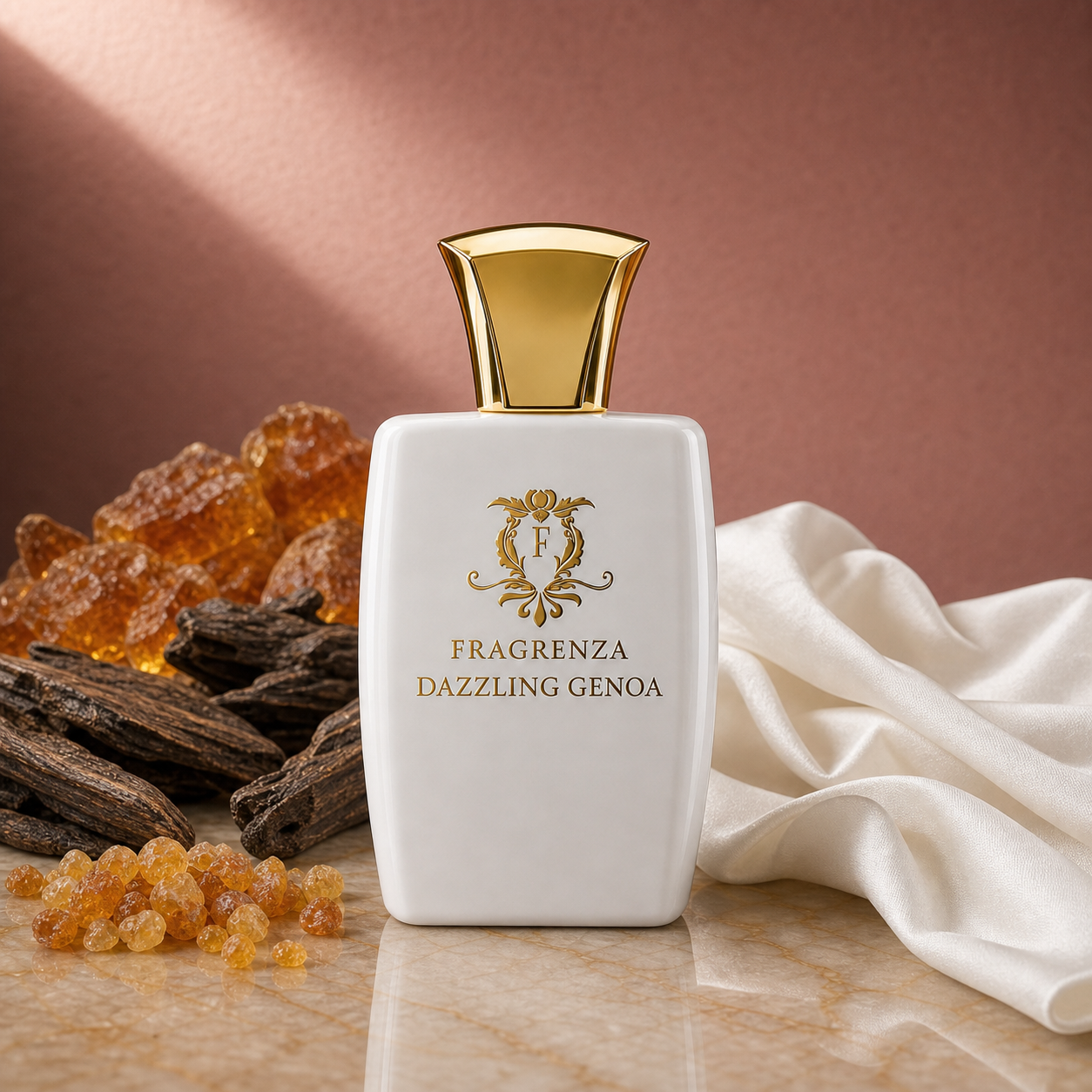 Dazzling Genoa by Fragrenza — niche unisex eau de parfum inspired by Dolce & Gabbana Velvet Desert Oud, with frankincense, amber, oud and musk. Vegan and cruelty-free.
