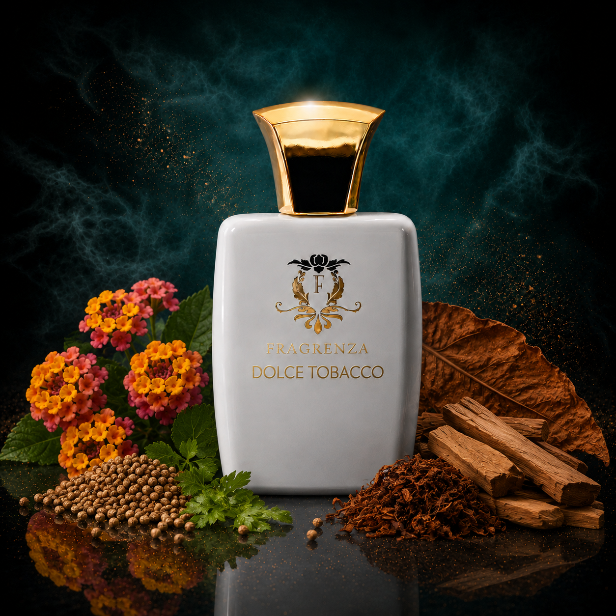 Dolce Tobacco by Fragrenza Twist — original unisex eau de parfum with tobacco leaf, mandarin, yuzu, clary sage, cypress, tobacco blossom, tonka bean, saffron, cocoa, dried fruits, vanilla and sandalwood. Vegan and cruelty-free.