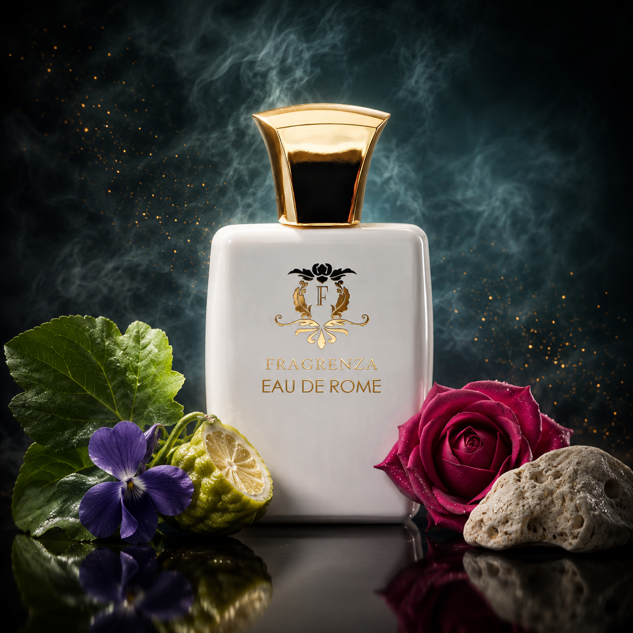Eau de Rome by Fragrenza — niche unisex eau de parfum inspired by YSL Tuxedo, with violet leaf, bergamot, coriander, rose, lily-of-the-valley, black pepper, ambergris, patchouli and bourbon vanilla. Vegan and cruelty-free.