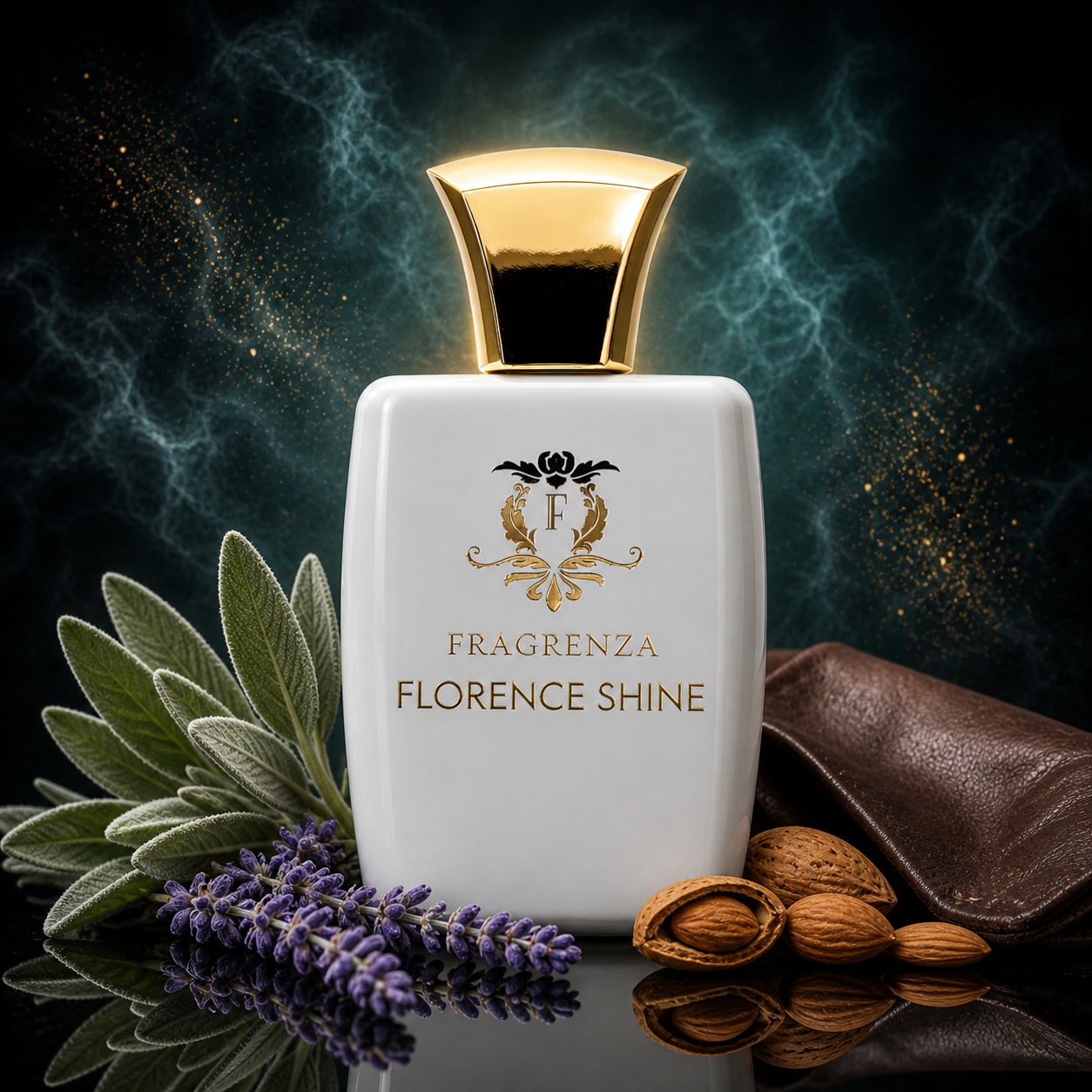 Florence Shine by Fragrenza — niche unisex eau de parfum inspired by Tom Ford Fu*king Fabulous, with Clary Sage, Lavender, Bitter Almond, Leather, Vanilla, Orris Root, Leather, Tonka Bean, Cashmeran, Woods, Amber. Vegan and cruelty-free.