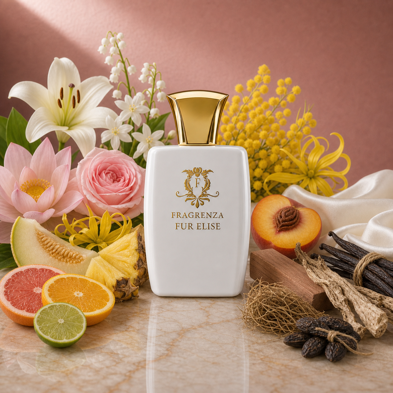 Fur Elise by Fragrenza Twist — original women's eau de parfum with Citruses, Melon, Pineapple, Lotus, Lily, Jasmine, Lily-Of-The-Valley, Mimosa, Rose, Ylang-Ylang, Musk, Vanilla, Peach, Sandalwood, Orris Root, Vetiver, Tonka Bean. Vegan and cruelty-free.