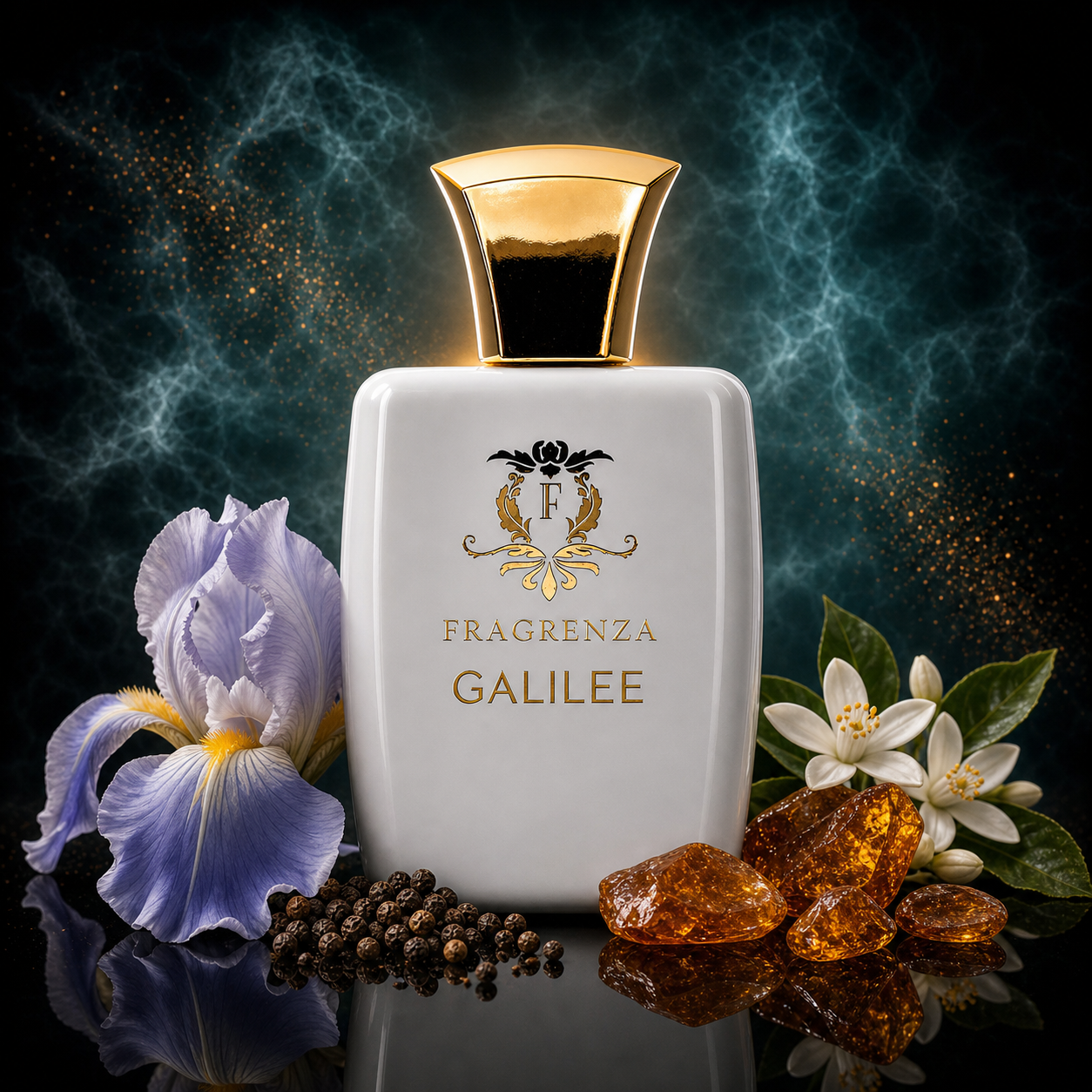 Galilee by Fragrenza — niche unisex eau de parfum inspired by Parfums de Marly Galloway, with Pepper, Iris, Orange Blossom, Amber, Musk. Vegan and cruelty-free.