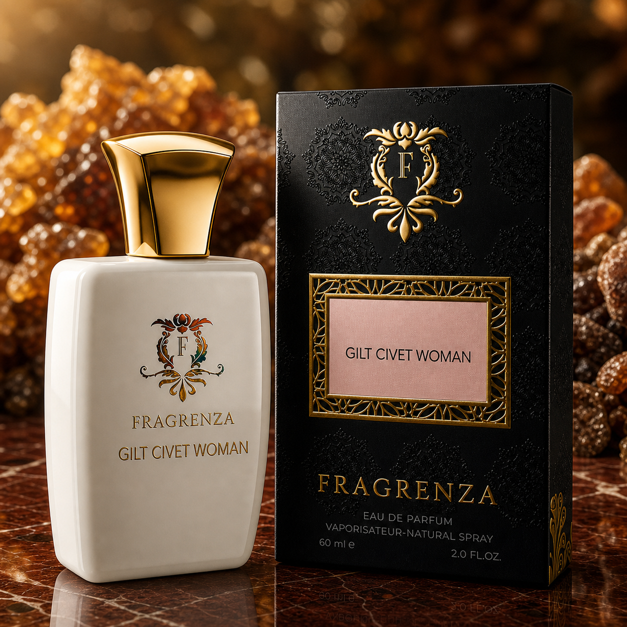 Gilt Civet Woman by Fragrenza — boxed bottle, inspired by Amouage Gold Woman. Vegan and cruelty-free.