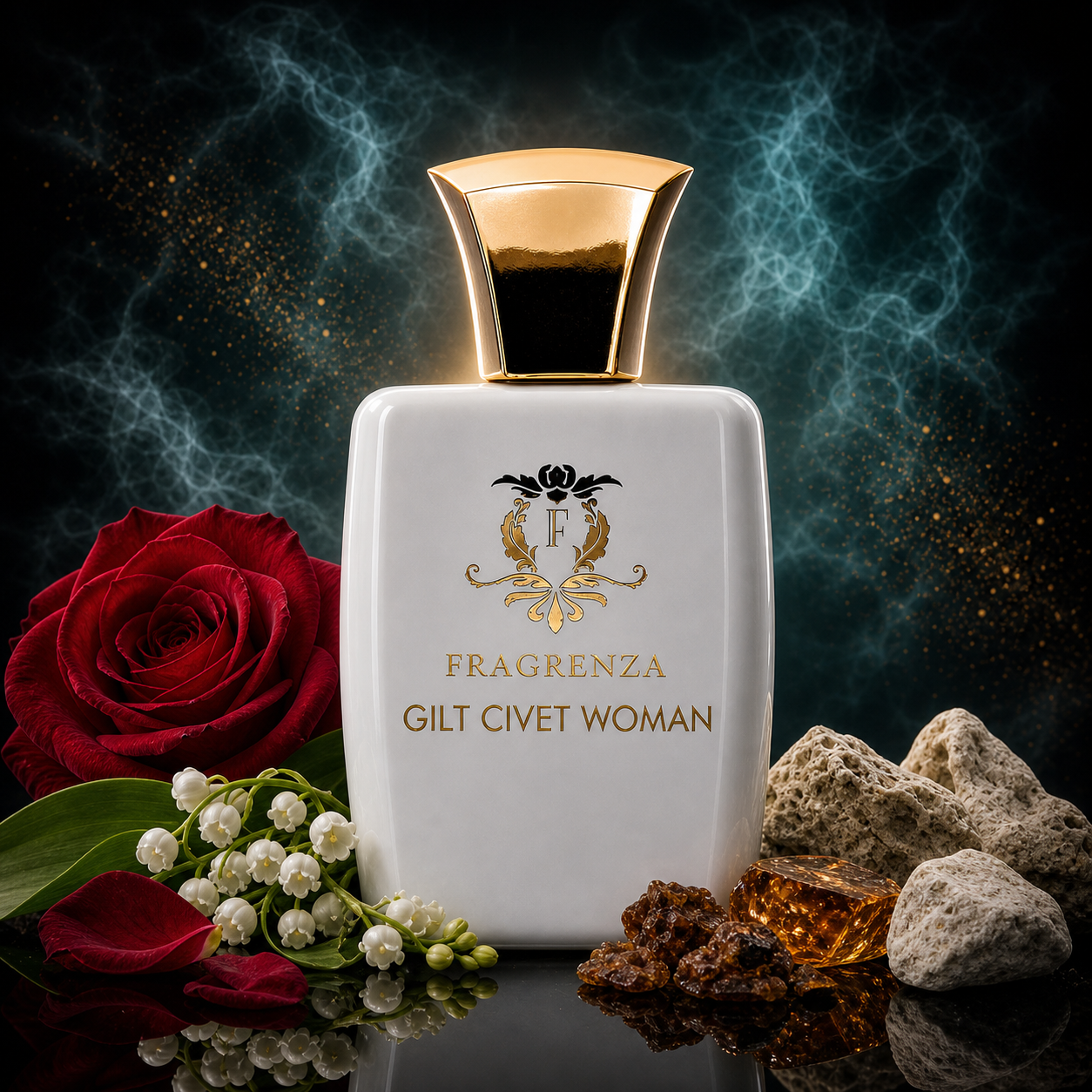 Gilt Civet Woman by Fragrenza — niche women's eau de parfum inspired by Amouage Gold Woman, with Rose, Lily Of The Valley, Frankincense, Myrrh, Orris Root, Jasmine, Ambergris, Civet, Musk, Cedarwood, Sandalwood. Vegan and cruelty-free.