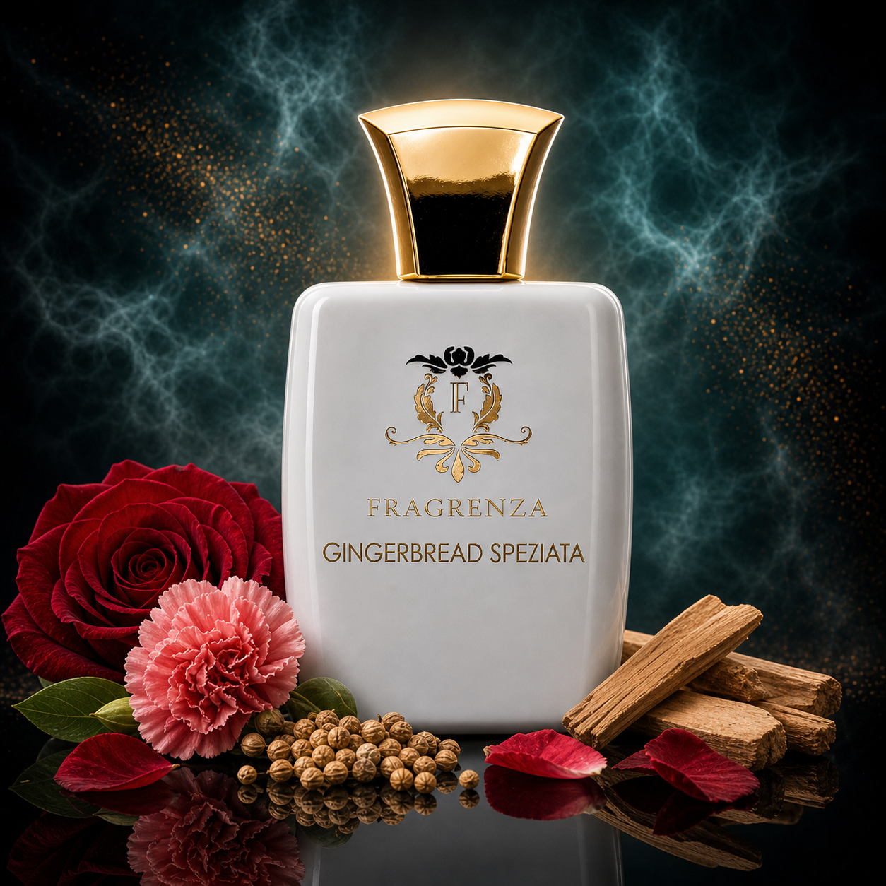 Gingerbread Speziata by Fragrenza — niche unisex eau de parfum inspired by Xerjoff Casamorati 1888, with Coriander, Carnation, Pepper, Saffron, Rose, Neroli, Ylang-Ylang, Sandalwood, Patchouli, Amber, Birch. Vegan and cruelty-free.