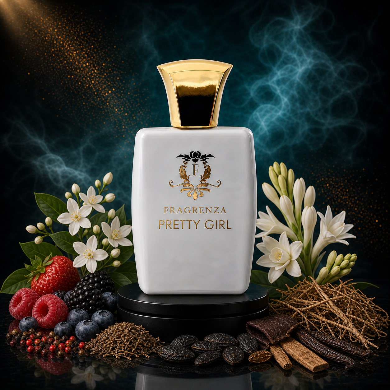 Pretty Girl by Fragrenza — niche women's eau de parfum inspired by Carolina Herrera Good Girl Suprême, with Wild Berries, Jasmine, Tuberose, Tonka Bean, Vetiver. Vegan and cruelty-free.