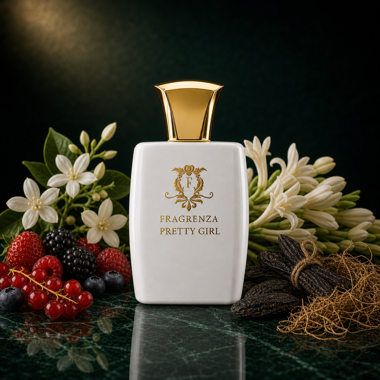 Pretty Girl by Fragrenza — niche women's eau de parfum inspired by Carolina Herrera Good Girl Suprême, with Wild Berries, Jasmine, Tuberose, Tonka Bean, Vetiver. Vegan and cruelty-free.