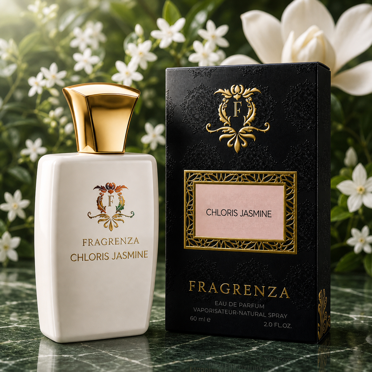 Chloris Jasmine by Fragrenza — boxed bottle, inspired by Gucci Flora Gorgeous Jasmine. Vegan and cruelty-free.