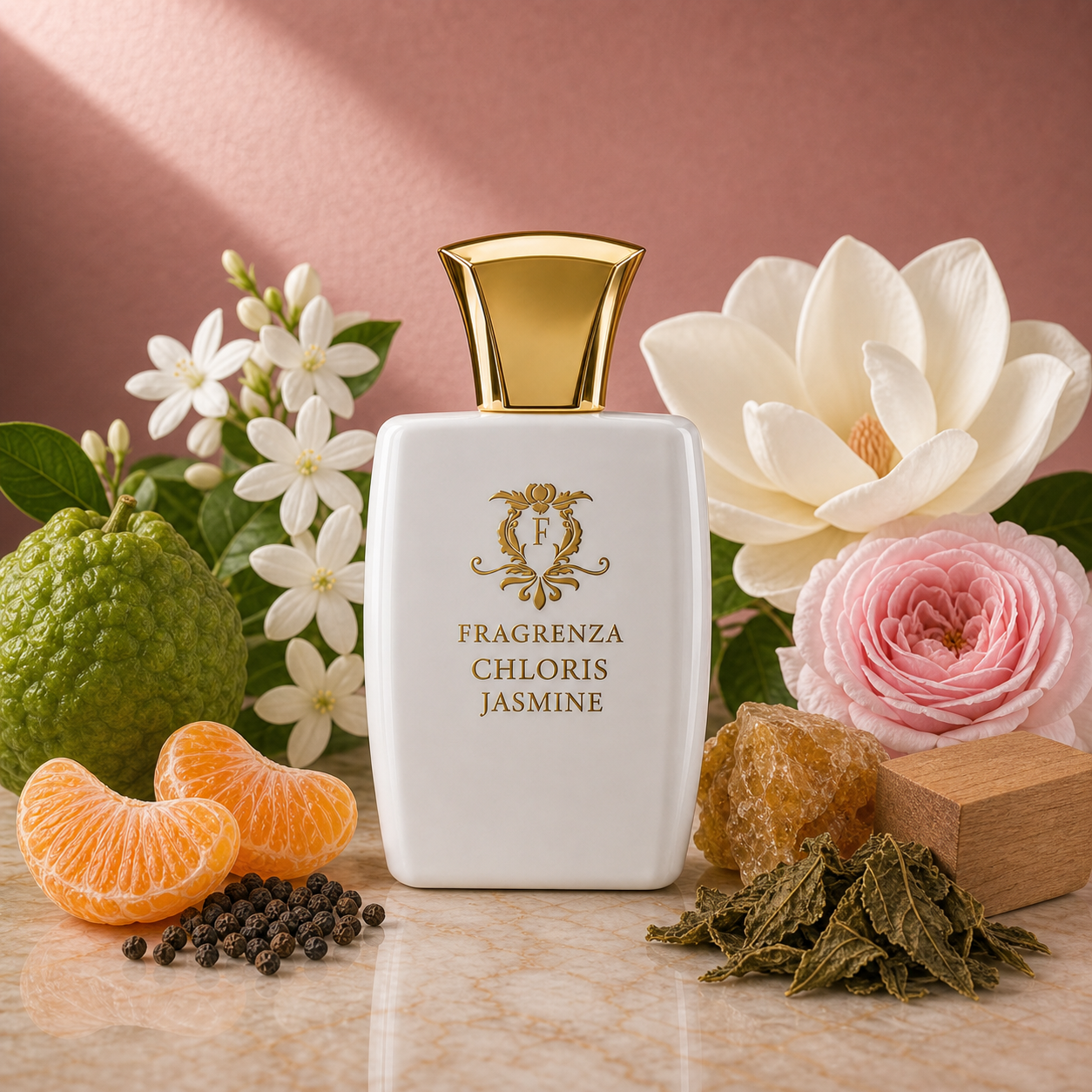 Chloris Jasmine by Fragrenza — niche women's eau de parfum inspired by Gucci Flora Gorgeous Jasmine, with mandarin, bergamot, black pepper, jasmine, magnolia, rose, benzoin, sandalwood and patchouli. Vegan and cruelty-free.