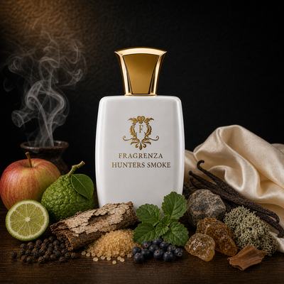 Hunters Smoke by Fragrenza — original men's eau de parfum with Smoke, Apple, Bergamot, Pepper, Birch, Sugar, Patchouli, Juniper Berry, Ambergris, Labdanum, Oakmoss, Musk, Vanilla. Vegan and cruelty-free.