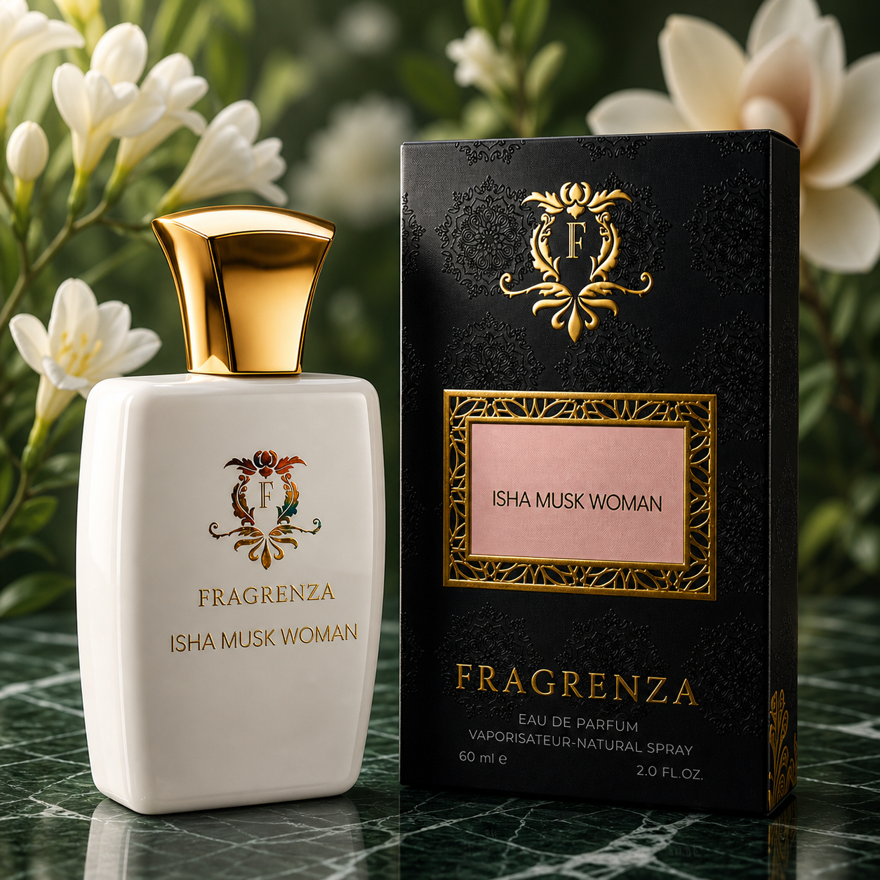 Isha Musk Woman by Fragrenza — boxed bottle, inspired by Amouage Reflection Woman. Vegan and cruelty-free.