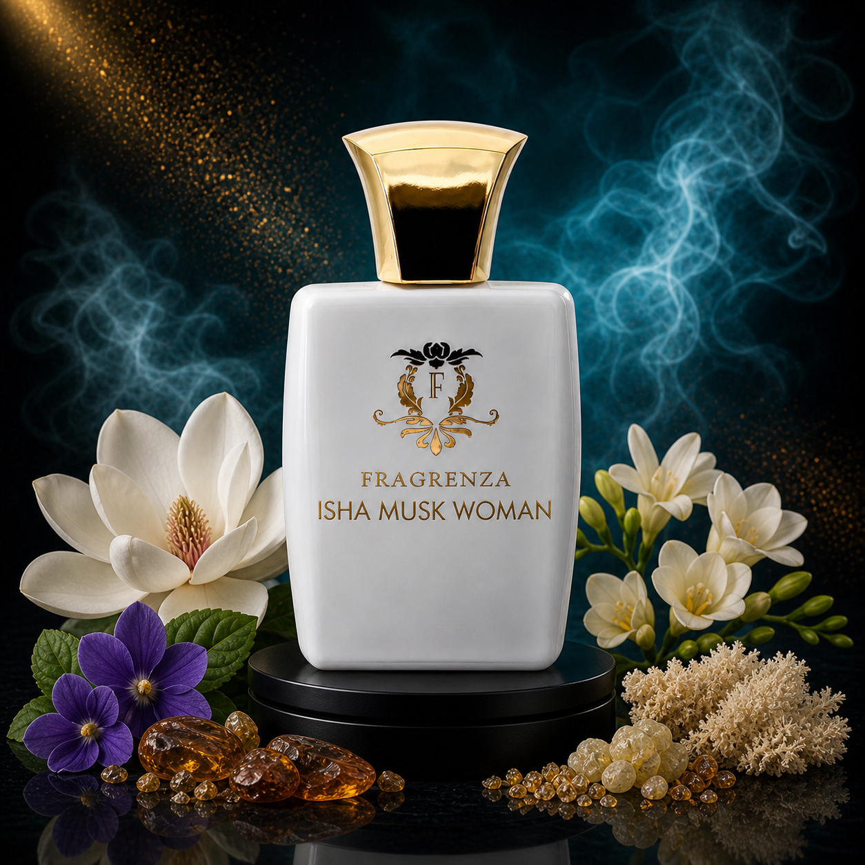 Isha Musk Woman by Fragrenza — niche women's eau de parfum inspired by Amouage Reflection Woman, with Violet, Freesia, Green Notes, Magnolia, Jasmine, Amber, Cedarwood, Sandalwood. Vegan and cruelty-free.