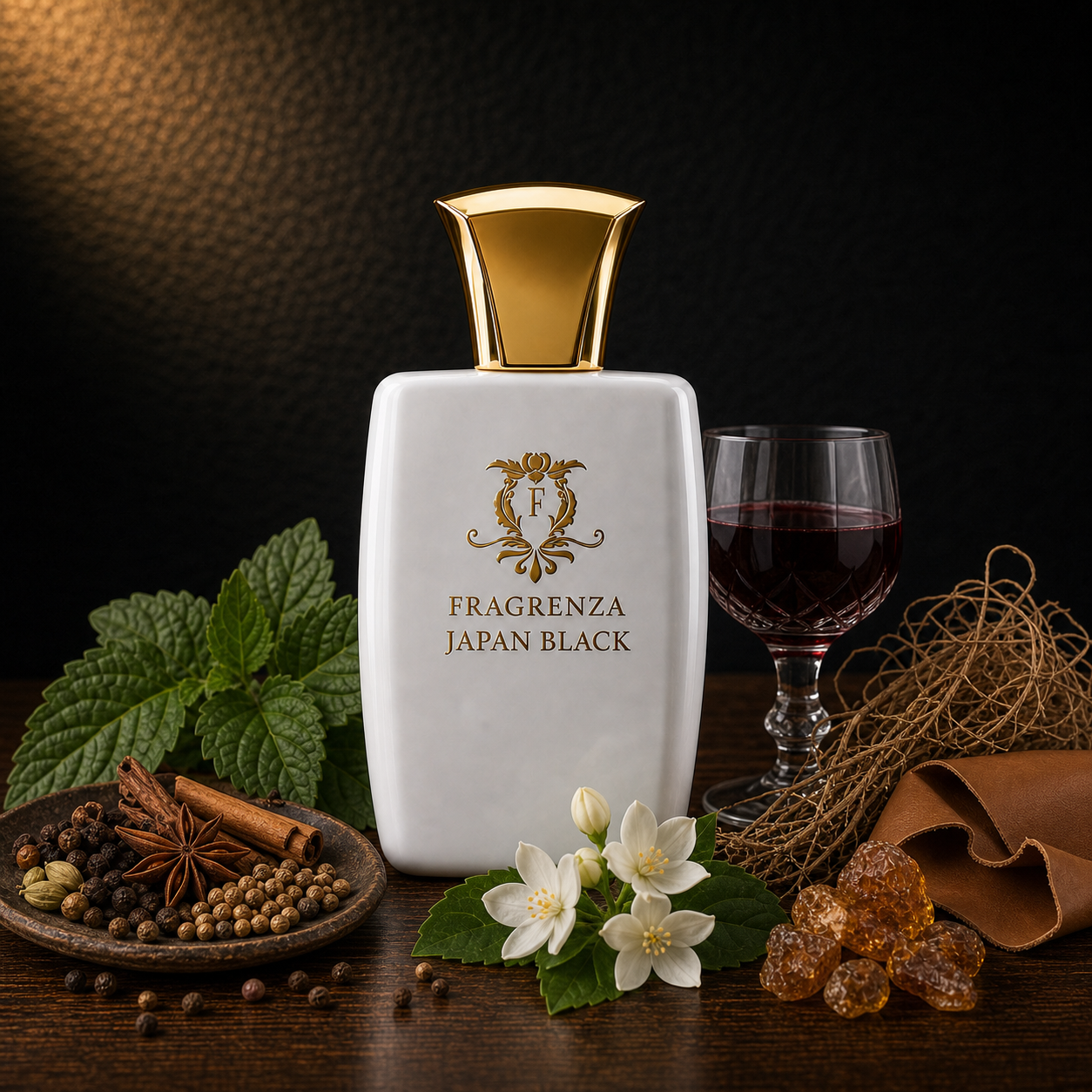 Japan Black by Fragrenza — niche unisex eau de parfum inspired by Tom Ford Japon Noir, with Spicy Notes, Patchouli, Port Wine, Amber, Jasmine, Leather, Vetiver. Vegan and cruelty-free.