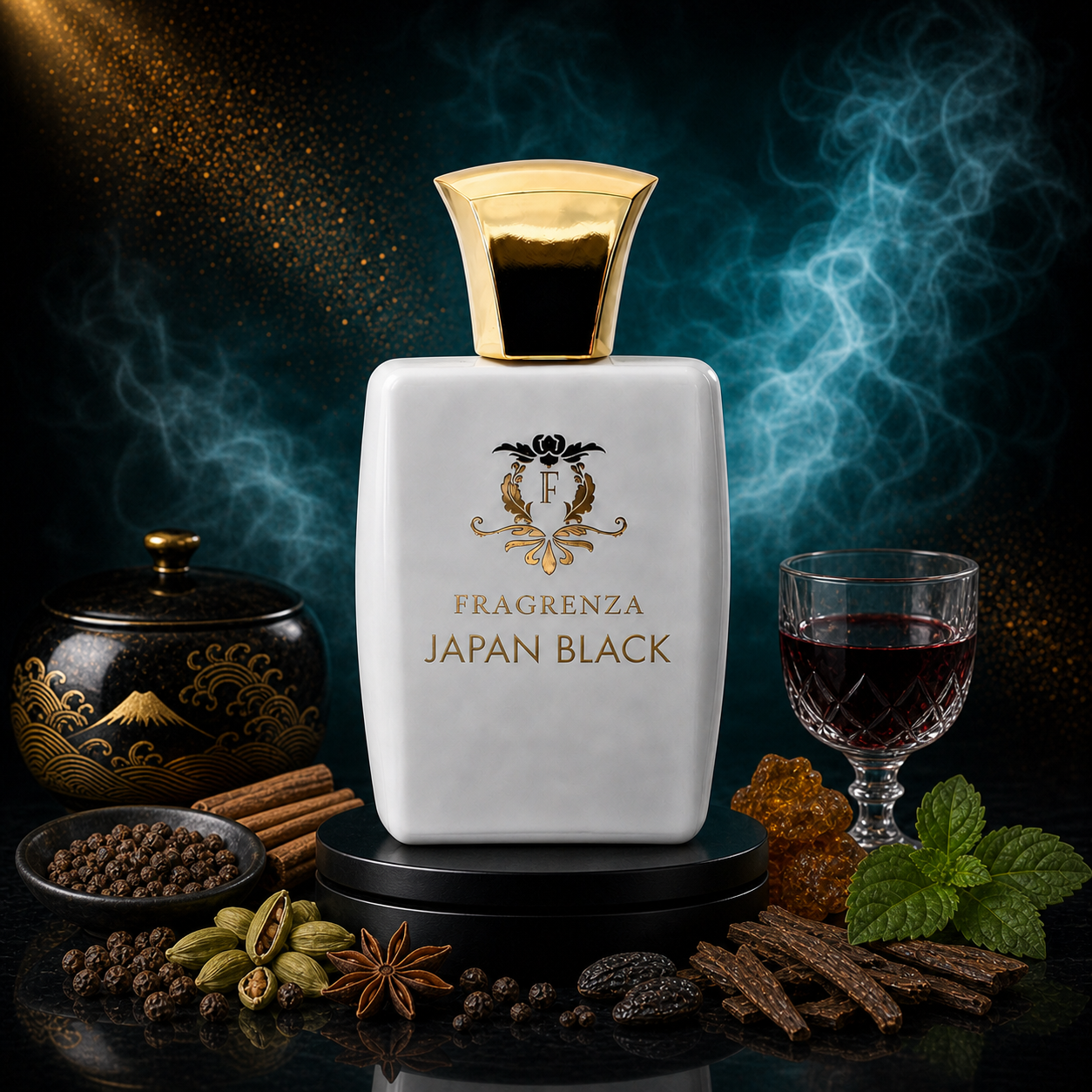 Japan Black by Fragrenza — niche unisex eau de parfum inspired by Tom Ford Japon Noir, with Spicy Notes, Patchouli, Port Wine, Amber, Jasmine, Leather, Vetiver. Vegan and cruelty-free.