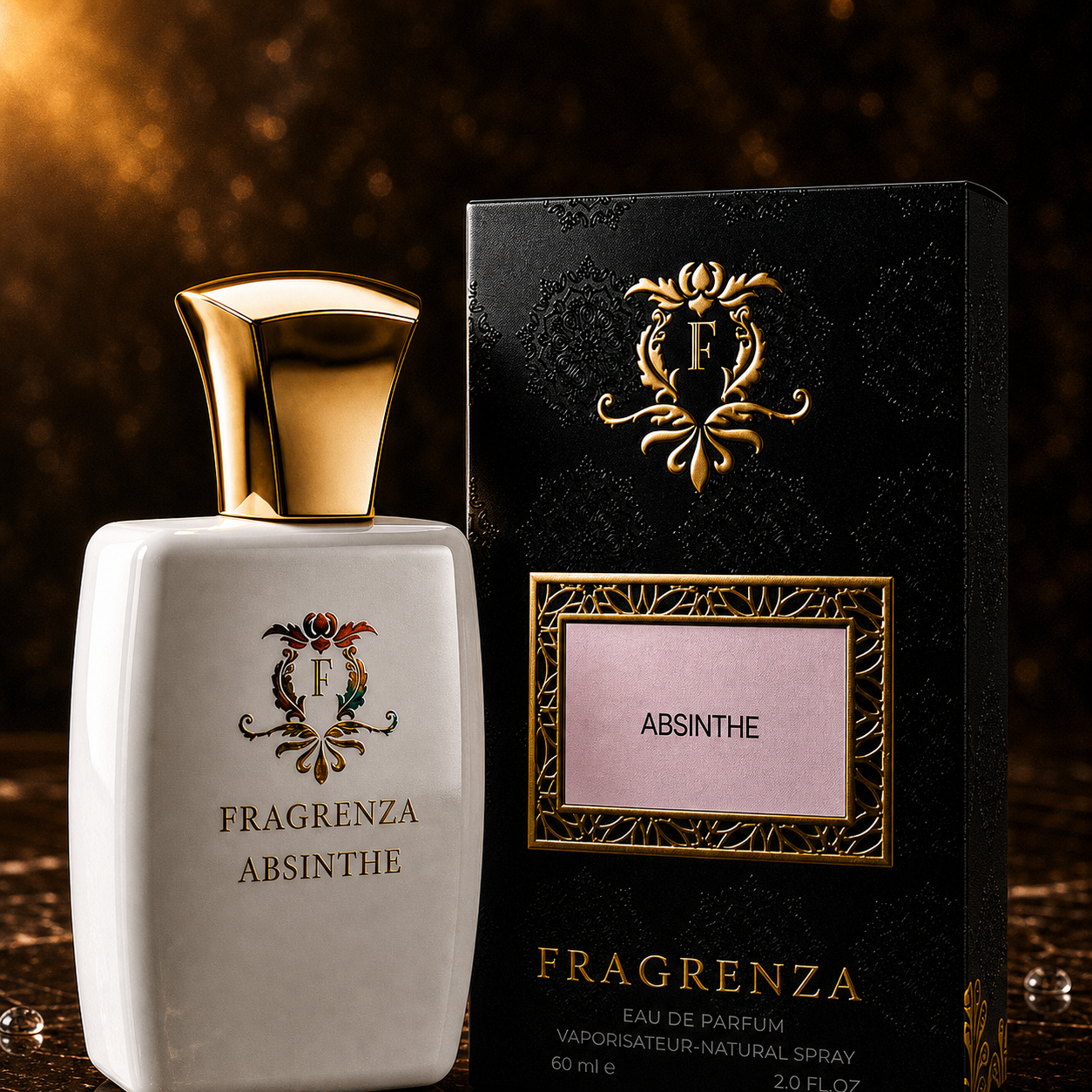 Absinthe by Fragrenza — boxed bottle, inspired by Kilian L’Heure Verte. Vegan and cruelty-free.