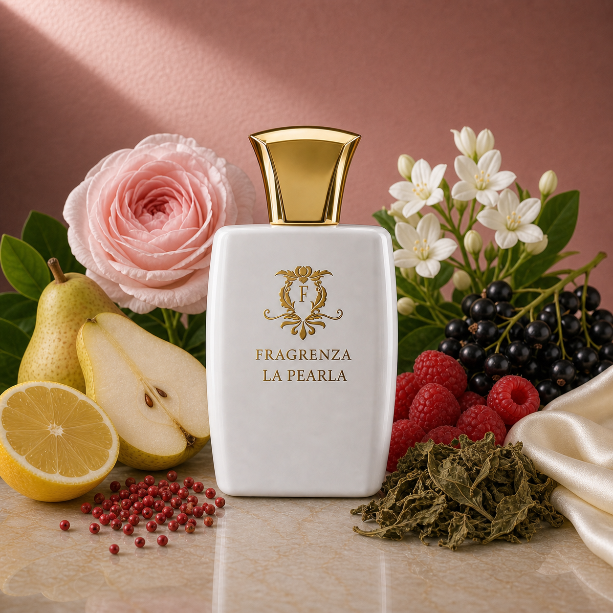 La Pearla by Fragrenza — original unisex eau de parfum with Lemon, Pear, Pink Pepper, Rose, Jasmine, Black Currant, Raspberry, Patchouli, White Musk. Vegan and cruelty-free.