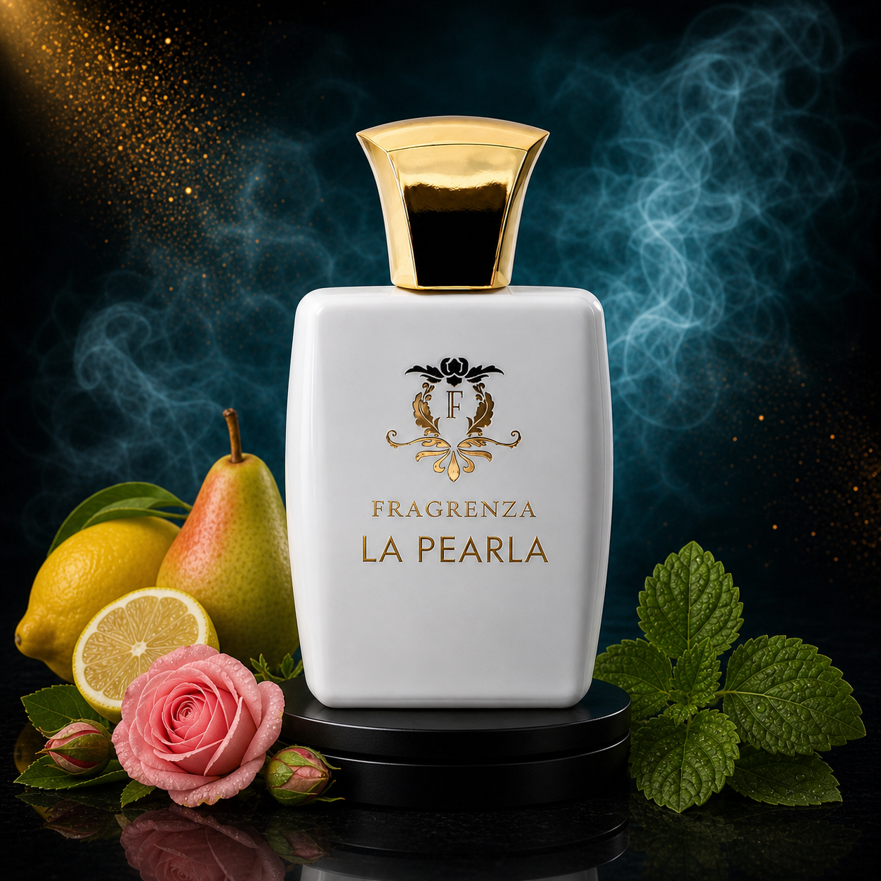 La Pearla by Fragrenza — original unisex eau de parfum with Lemon, Pear, Pink Pepper, Rose, Jasmine, Black Currant, Raspberry, Patchouli, White Musk. Vegan and cruelty-free.