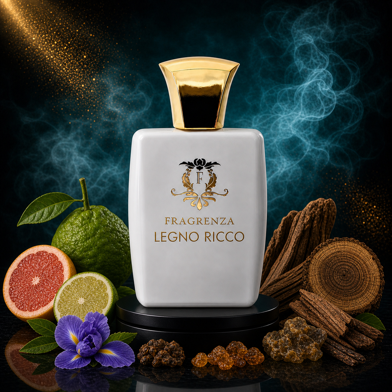 Legno Ricco by Fragrenza — niche unisex eau de parfum inspired by Xerjoff Richwood, with Bergamot, Grapefruit, Mandarin, Iris, Rose, Black Currant, Labdanum, Musk, Patchouli, Sandalwood, Vanilla. Vegan and cruelty-free.