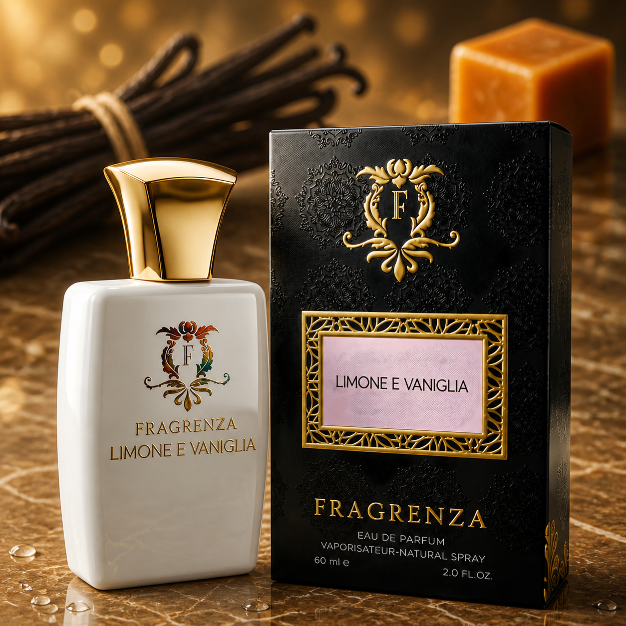 Limone e Vaniglia by Fragrenza — boxed bottle, inspired by Xerjoff Lira. Vegan and cruelty-free.
