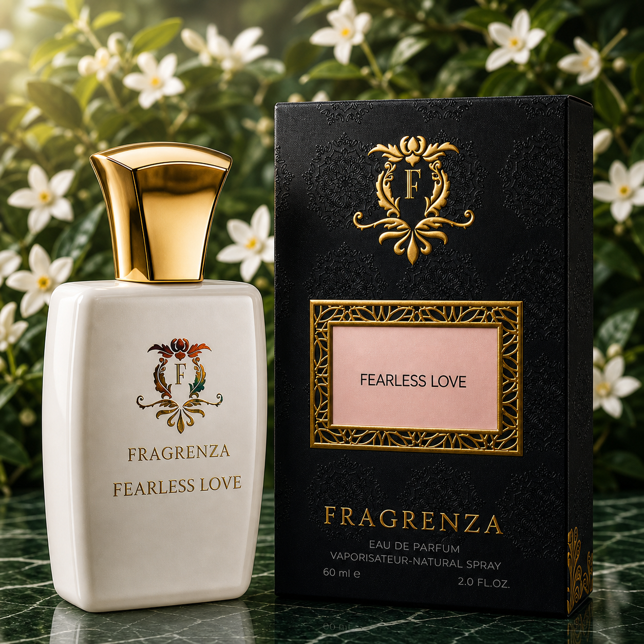 Fearless Love by Fragrenza — boxed bottle, inspired by Kilian Love Don't Be Shy Extreme. Vegan and cruelty-free.