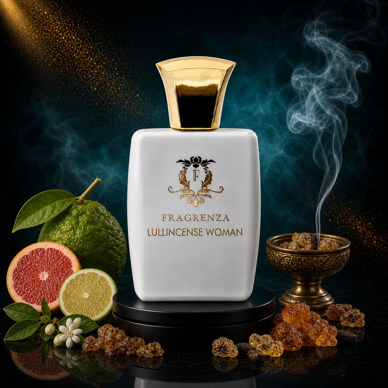 Lullincense Woman by Fragrenza — niche women's eau de parfum inspired by Amouage Interlude Woman, with Bergamot, Grapefruit, Ginger, Marigold, Incense, Rose, Orange Blossom, Immortelle, Jasmine, Opoponax, Vanilla, Benzoin, Amber, Sandalwood, Oud, Oakmoss, Leather, Tonka Bean, Animalic Notes, Musk. Vegan and cruelty-free.
