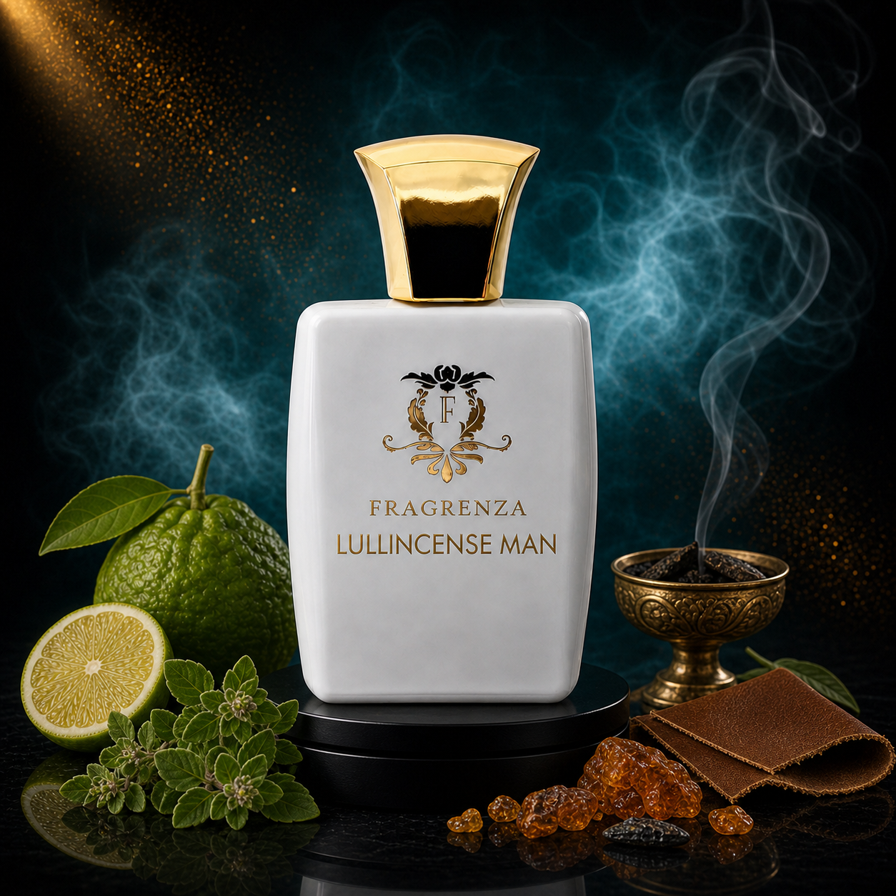 Lullincense Man by Fragrenza — niche men's eau de parfum inspired by Amouage Interlude Man, with Bergamot, Oregano, Allspice, Amber, Opoponax, Incense, Cistus, Leather, Oud, Patchouli, Sandalwood. Vegan and cruelty-free.